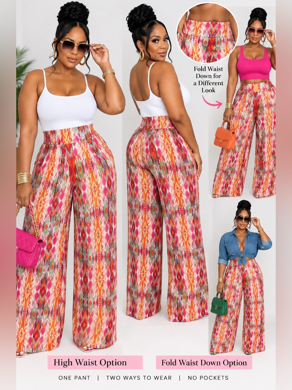 High-Waist Wide-Leg Print Pants - Pink Multi